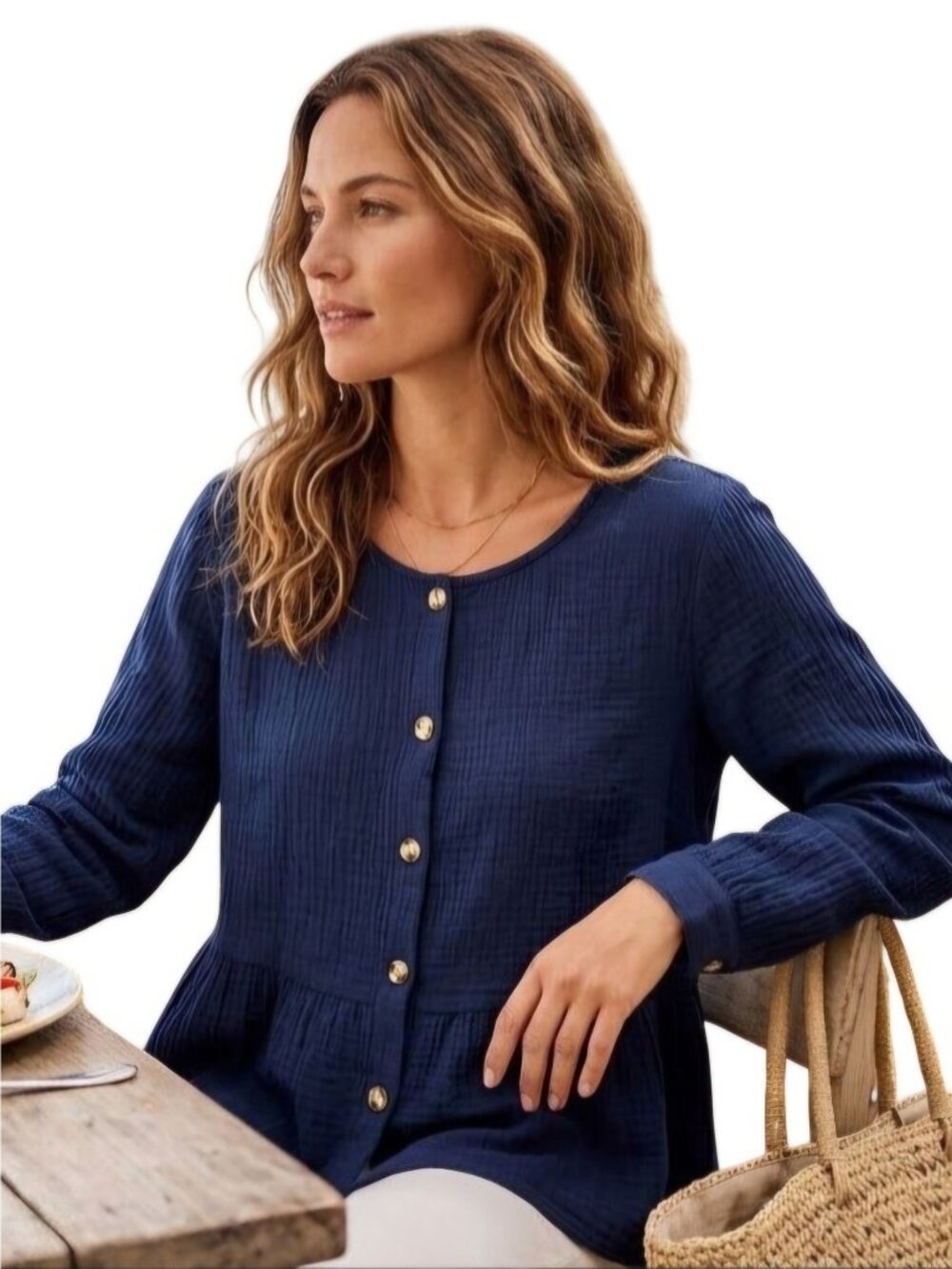 Beach Lunch Lounge NWT Navy Peplum Gauze Cotton Long Sleeve Top Oversized Size S